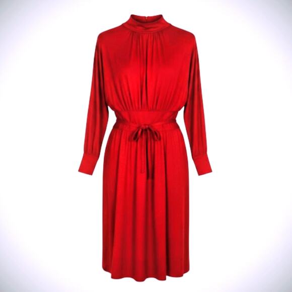 Pauline Trigere Red Wool Jersey Midi Dress Mock Neck Belted Vintage Size 6 - Picture 1 of 11